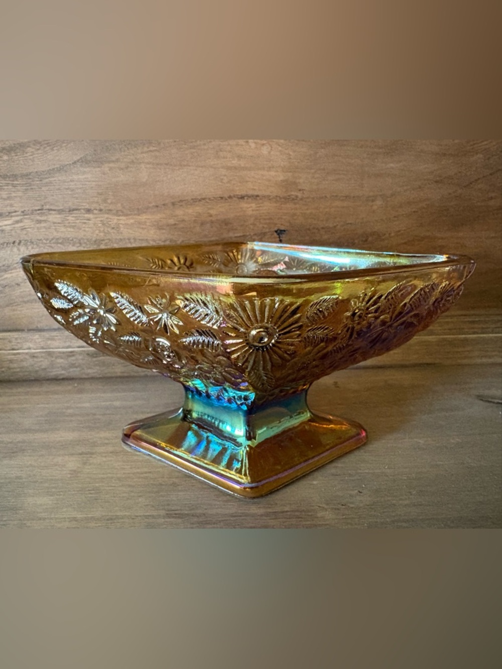 Vintage Indiana Carnival Glass Diamond Shaped Candy Dish - Iridescent Marigold